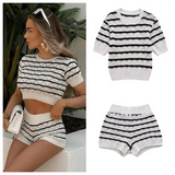 Purpdrank  Spring New Women's Fashion temperament casual versatile striped short knitted short sleeved tight shorts set