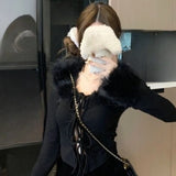 Purpdrank  Women Fur Patchwork Sexy Turn Down Collar Cardigan Vintage Fairy Cropped Sueter Mujer Y2k Aesthetic Bandage Slim Fit Sweaters