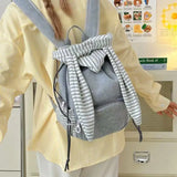 Purpdrank  New Striped Rabbit Ear Backpack Fashion Women Simple Versatile Grey Casual Travel School Bag Large Capacity Commuting Backpack