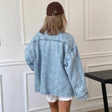 Purpdrank  Retro Denim Jacket Women's Autumn New Color Block Collar Jacket Loose Fit Long Sleeve Cotton Polyester Street Style Coat