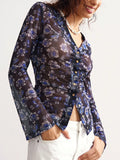 Purpdrank  Print Blouse Women Stand Collar Single Breasted Shirts Long Sleeve Vintage Fashion Top Spring Summer New Female Blouse