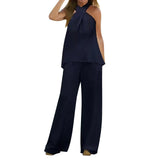 Purpdrank  Simple Cotton Linen Women's Suits Summer Fashion Sleeveless Halter Loose Blouse Wide Leg Pant Two Piece Set Womens Matching Sets
