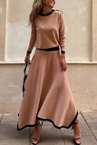 Purpdrank  Women Casual Long Sleeve 2Pc Set Fashion Color Blocked Loose 2Pc Outfits Elegant O-neck Pullover Top & lrregular Long Skirt Suit