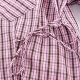 Purpdrank  Spring Summer Fashion Pink Plaid Lapel Collar Long Sleeve Shirt Women Side Lacing up Bow Waist Loose Asymmetry Blouses Tops