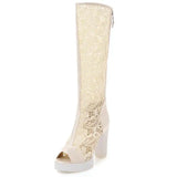 Purpdrank  Ladies Summer Boots Peep Toe Chunky Heels Lace Mesh Splice Big Size 33-43 Black Whiete Fashion Sexy S4036