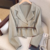 Purpdrank  Korean Niche Striped Blazer for Women Fashion Design Sense with Belt Suits Jacket Elegant Office Ladies All Match Coat Outerwear