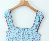 Purpdrank  Sexy Mesh Blue Fruit Print Elastic Strap Short Sleeve Dress Bow Square Collar Mini Tank Dresses Slim Fit Woman Robe
