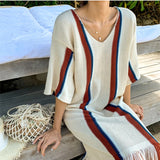 Purpdrank  Summer Bohemian Knitted Women's Tassel Dresses Female Straight V-Neck Short Sleeve Beach Sundress Dress