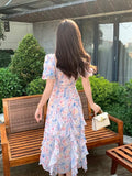Purpdrank  Flower Printed Dress Women Vintage Summer Slash Neck Elegance Dresses Ladies Luxury Design Puff Sleeve Clothing Female