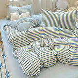 Purpdrank  INS Nordic Bedding Set - 4PC Green/Pink Striped Duvet Cover (Girls' Quilt Set, Queen/King Size Home Decor)