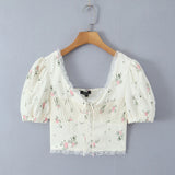 Purpdrank  Summer Puff Sleeve French Floral Printed Shirts Elastic Back Sexy Crop Tops Slim Short Top