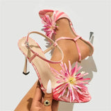 Purpdrank  Pink Flower Embellished Heeled Sandals Women Fashion Ankle Strap Buckle Brand Designer Shoe Elegant Pointed Toe Party Dress Shoe