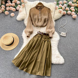 Purpdrank - Autumn Winter Women Two Piece Sets Stand Collar Puff Sleeve Ruffled Tops and Empire Slim Skirt with Belt Office Lady Suits