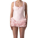 Purpdrank  Women Fashion Vintage Grunge Emo 00s Aesthetic Bodycon Rompers Lace Trim Bowknot Sleeveless Zipper Layered Jumpsuits