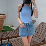 Purpdrank  Summer Vintage Denim Women's Sexy Mini Skirts Pockets 2025 New High Waist Button Casual A-line Wrap Short Skirts Female