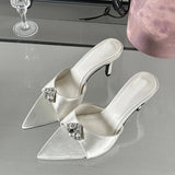 Purpdrank  Summer Fashion Crystal Buckle Satin Women Slippers Slip On Ladies Sandals Thin High Heels Mules Outdoor Dress Slides Shoes