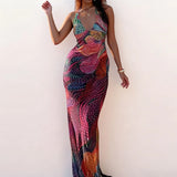 Purpdrank  Summer New High Waist Sleeveless Dresses Hot Girl Gradient Printed V-neck Halter Dress Fashion Shiny Sequins Slim Banquet Dress