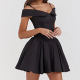 Purpdrank  Black Sexy V neck Off Shoulder Mini Dress Women Short Sleeve Low Waist Ruched Hem Ball Gown Swing Mini Robe Party White