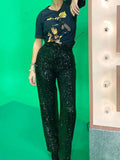 Purpdrank  Spring Elegant Hight Waist Long Pant Women Fashion Shiny Sequins Club Party Pant Summer Casual Wide Legger Straight Trouser