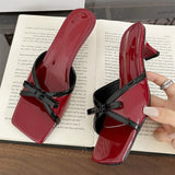 Purpdrank  High Quality Patent Leather Square Toe Bow Design Slippers Women Fashion Open Toe Thin Heel Slide Sandals Summer Elegant Sandals