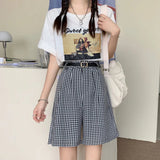 Purpdrank  Summer High-waisted Loose Plaid Shorts Women Casula Wide-leg Short Trousers with Belts Fashion All Match Streetwear Pants 2025