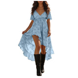 Purpdrank  Women's Retro Western Cowgirl Style Floral Summer Dress V Neck Puff Sleeve High Low Hem Ruffle Flowy Dress Elegant Party Dresses