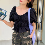Purpdrank  Spring Summer Lace-up Ruffles Women's T-Shirts 2025 New French Style Elegant Puff Sleeve Short Shirt Tops for Womens