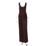 Purpdrank  Elegant U-Neck Sleeveless Bodycon Long Dress Women's Solid Color Ribbon Tie-up Ruched Slim Maxi Dress for Date Night Party