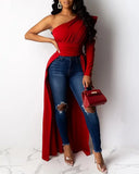 Purpdrank  Solid One Shoulder Long Sleeve Blouse Skew Collar Dip Hem Shirts