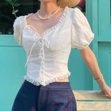 Purpdrank  Sexy Corset White Ruched Chest Spliced Lace V Collar Short Puff Sleeve Shirt Women Drawstring Tie Bow Center Buttons Crop Tops