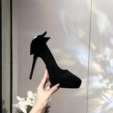 Purpdrank  New Banquet Bow Pointy Temperament Beautiful High Heels Black with Skirt Fashion Light Mouth Single Shoes