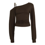 Purpdrank  Retro Sexy Autumn Skew Collar Long Sleeve Slim Solid All Match Knitted T-Shirts