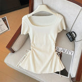 Purpdrank  Korean Pleated Square Collar T Shirt Women Summer New Fashion Drawstring Knitting Tops Korean Chic Slim Folds Female Tees