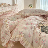 Purpdrank  3/4Pcs Korean Floral Lace Ruffles 100% Cotton Bedding Set Single Queen king Duvet Cover Set Flat/Fitted Bed Sheet Pillowcases