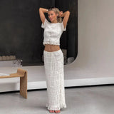 Purpdrank  Sheer Outfits Sexy Women Chiffon Skirt Set Elegant Short Sleeve Button Crop Top Bodycon Layered Ruffle Maxi Skirt Two Piece Set