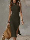 Purpdrank  Fashion Basic Slim Midi Dresses Women's Sexy O-Neck Side Split Sleeveless Solid color Bodycon Robe Commute Vacation