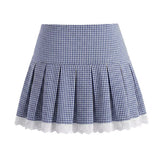 Purpdrank  Sexy Blue Plaid Lapel V neck Short Puff Sleeve Shirt Tank Top + Women Bow Zipper Waist A-line Pleated Mini Skirt 2 Pieces 1 Set