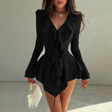 Purpdrank  Lace Trim Ruffled Long Sleeve Dresses Women' S Clothes Autumn 2025 V Neck Flare Sleeve Irregular Mini Dress