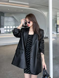 Purpdrank  Retro PU Leather Suit Jacket Women Spring Elegant High Quality Black Blazers Mujer Fashion Luxury Loose Causal Outwear Coats New