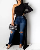 Purpdrank  Solid One Shoulder Long Sleeve Blouse Skew Collar Dip Hem Shirts