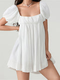 Purpdrank  Women Summer Short Mini Dress Solid Short Puff Sleeve Square Neck Backless Criss-Cross Tie-up Dress Vestidos