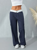 Purpdrank  Women Casual Cargo Pants Solid Deep Blue Black Patchwork Straight Leg Trousers With Multiple Pockets