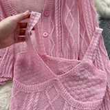 Purpdrank - Women Sweet Korean Pink Sweet 3 Pieces Set For Women Knitted Sling Vest +sunscreen+floral Print Wide Leg Denim Long Pants Suits