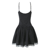 Purpdrank  Sexy Spaghetti Strap Dress for Women Summer Black Polka Dots Lace Edge A-line Slim Slip Dresses Female Bow Lace-up Beach Dress