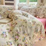 Purpdrank  Flower Skin-friendly Washed Cotton Bedding Set Duvet Cover Set Korean Lace Ruffles Quilt Cover Soft Cover Bed Linen Pillowcases
