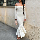 Purpdrank  Off The Shoulder White Knitted Pleated Long Sleeve Fishtail Maxi Dress Elegant Party Dresses Woman Fall Clothes