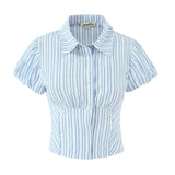 Purpdrank  Stylish Blue White Striped Lapel ollar Short Puff Sleeve Shirt Women Slim Waist Open Buttons Crop Blouse Girl's Tops