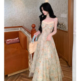 Purpdrank  Summer Floral Printed Long Dress Women Patchwork Lace Chiffon Fairy Dress Casual Gold Stamping Bow Tie Suspender Dress
