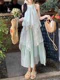 Purpdrank  Summer New Vintage Sleeveless Neck Floral Long Dress Women's Elegant Ruffles Lace Dress Korean Fashion Fairy Holiday Party Dress