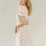 Purpdrank  Retro French Style Fruit Cherry Print Midi Long Dress Puff Sleeve Chest Ruched Bow Square Collar Hem Slit Swing Robe Fairy